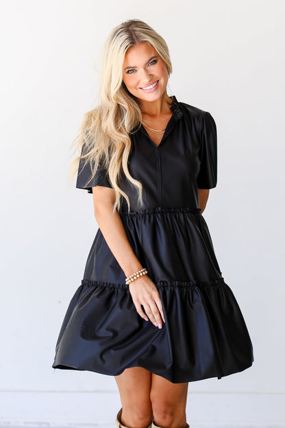 Check Your Vibe Leather Tiered Mini Dress