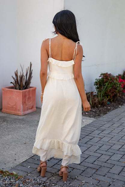 Always Invited Cream Ruffle Midi Dress