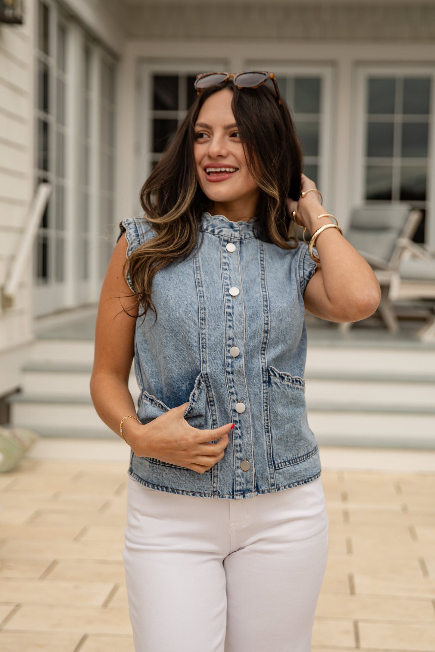 Downtown Denim Scalloped Button Vest