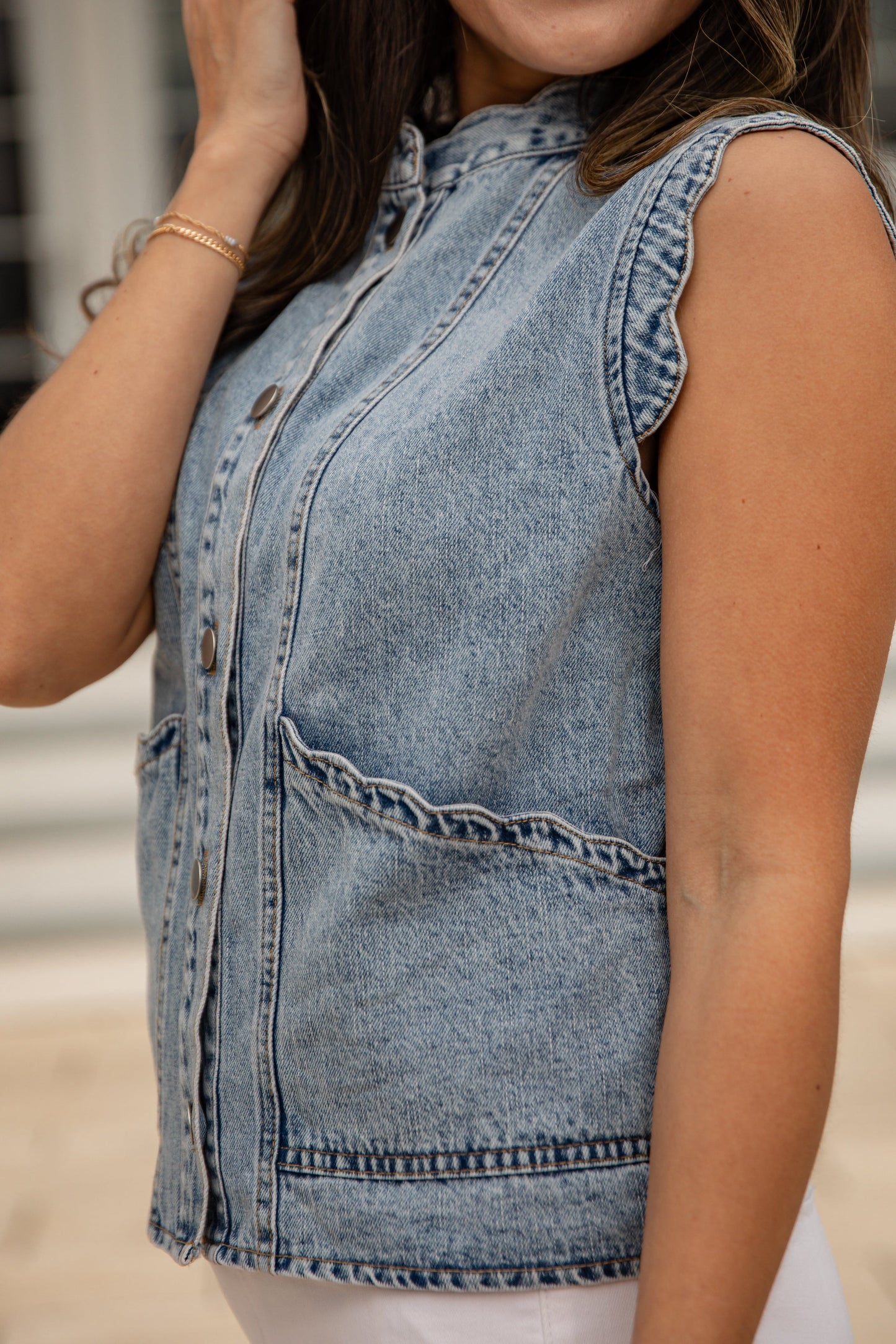 Downtown Denim Scalloped Button Vest