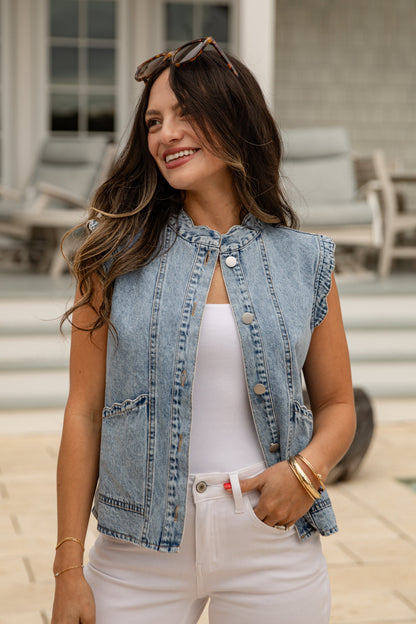 Downtown Denim Scalloped Button Vest