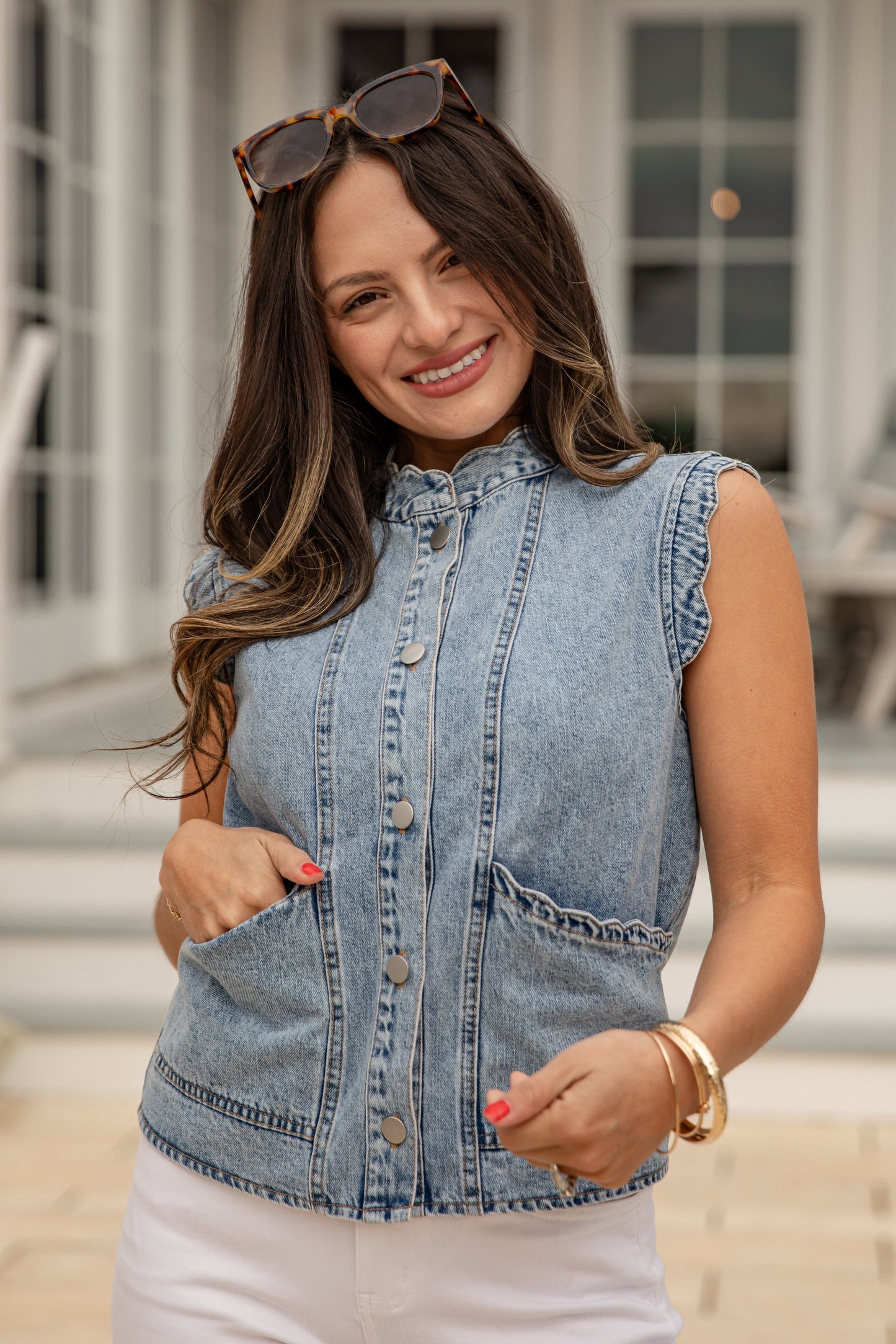 Downtown Denim Scalloped Button Vest