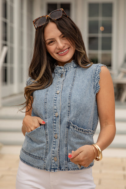Downtown Denim Scalloped Button Vest