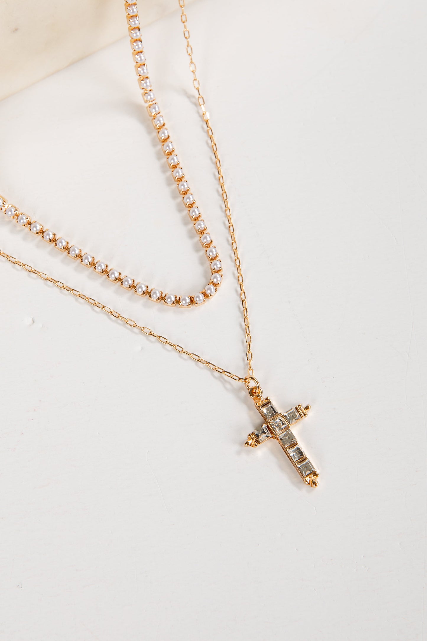 Alexa Gold Rhinestone Cross Charm Layered Necklace