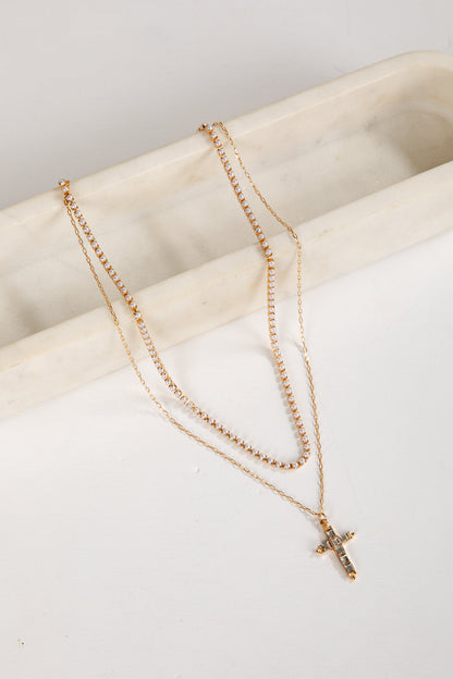 Alexa Gold Rhinestone Cross Charm Layered Necklace