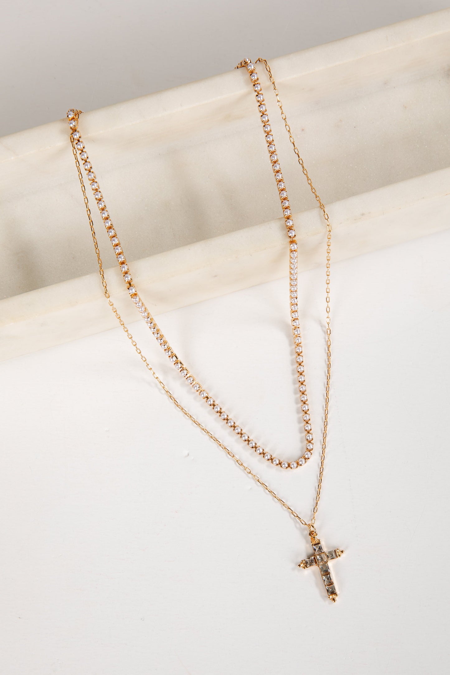 Alexa Gold Rhinestone Cross Charm Layered Necklace
