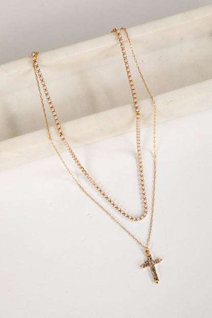 Alexa Gold Rhinestone Cross Charm Layered Necklace