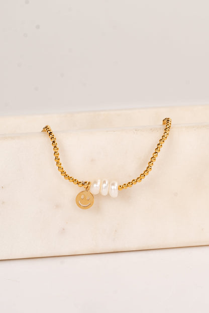 Ava Gold Beaded Pearl Smiley Face Charm Bracelet