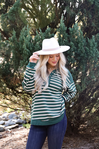 Confirmed Vibe Hunter Green Striped Collared Top - DOORBUSTER