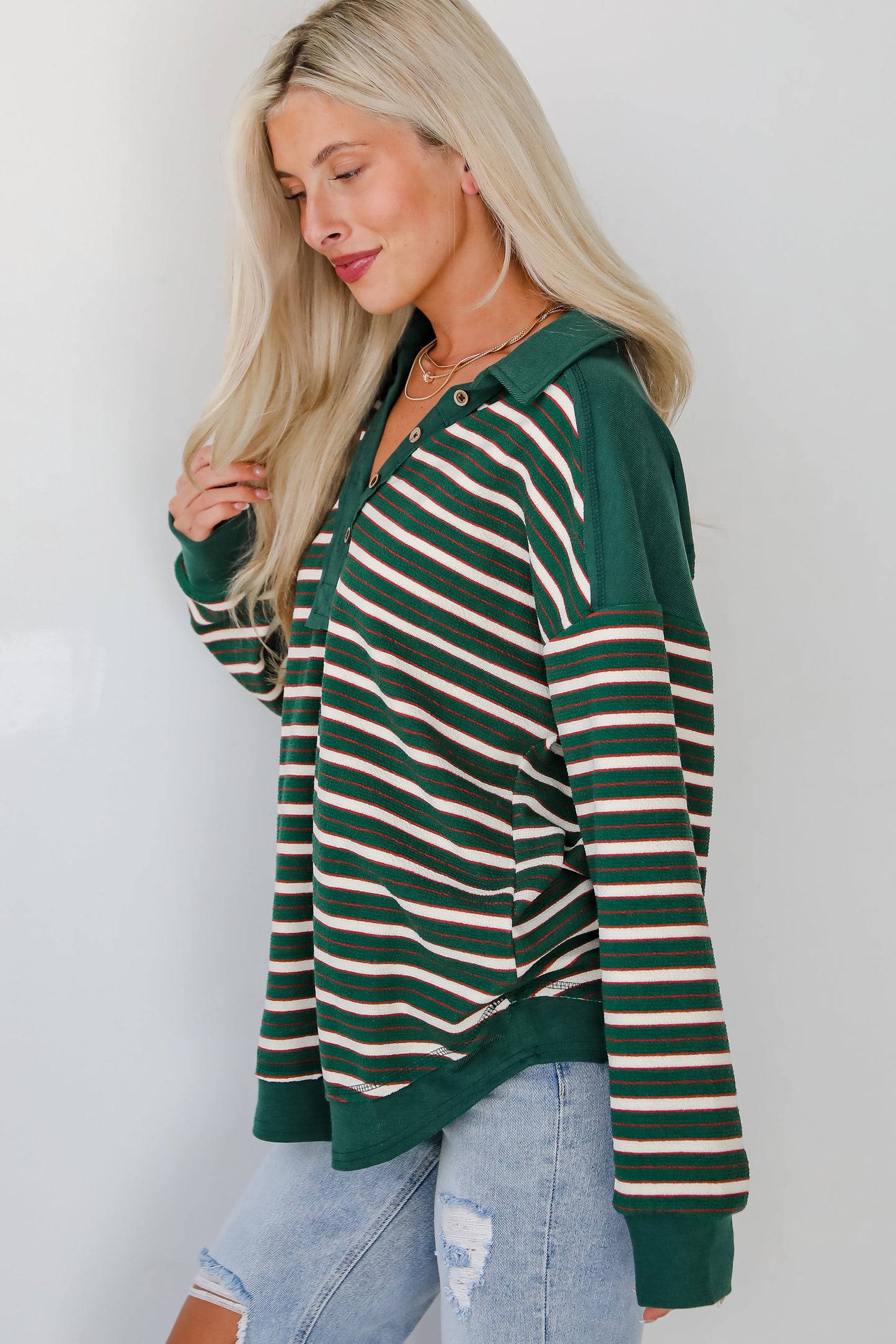 Confirmed Vibe Hunter Green Striped Collared Top - DOORBUSTER