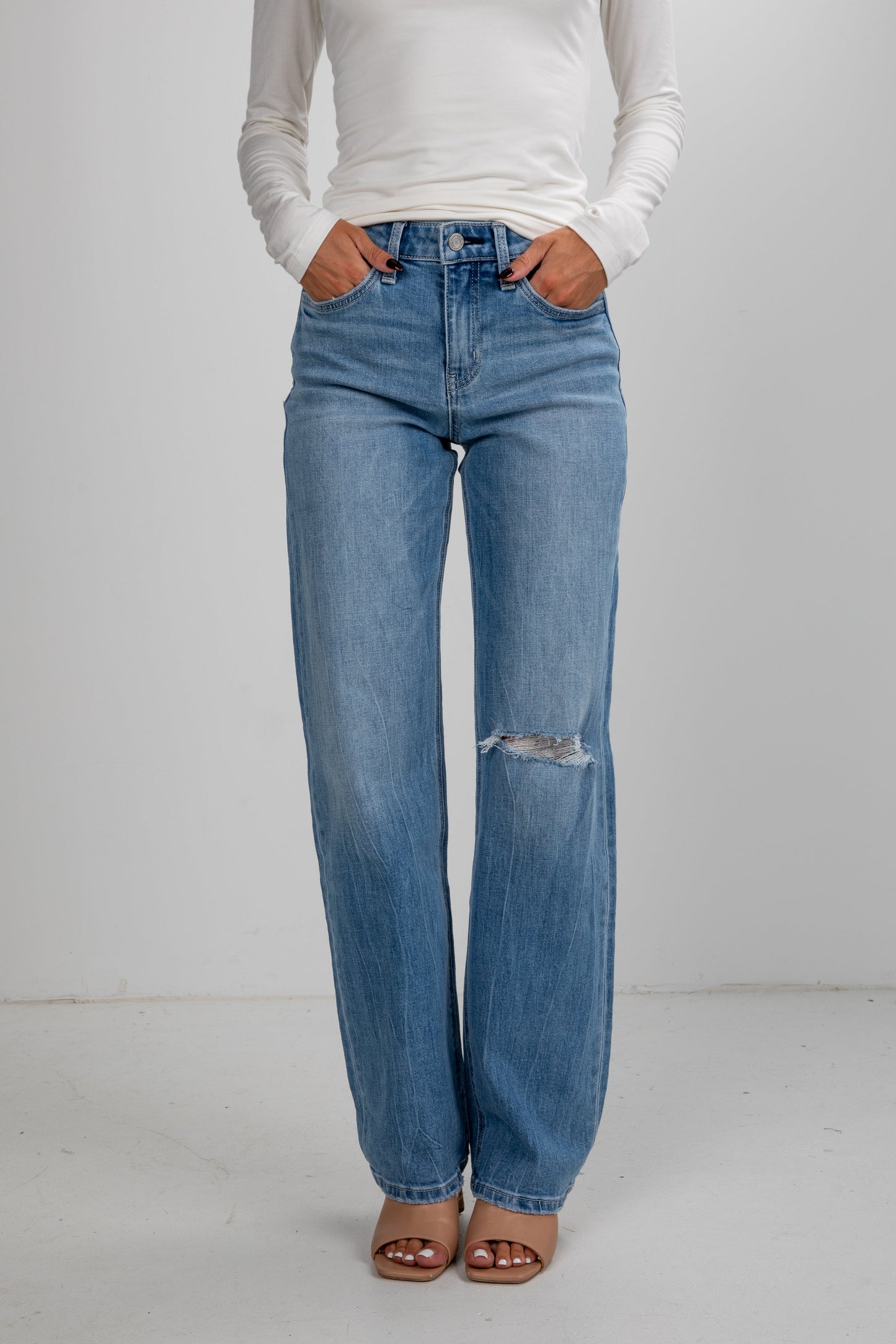 Ellie Light Wash High-Rise Distressed Slim Wide Leg Jeans