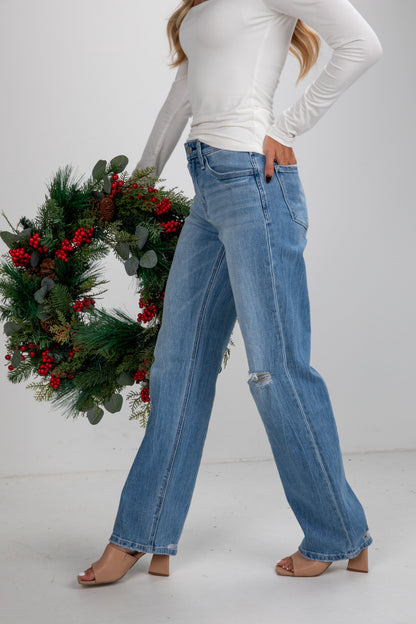Ellie Light Wash High-Rise Distressed Slim Wide Leg Jeans