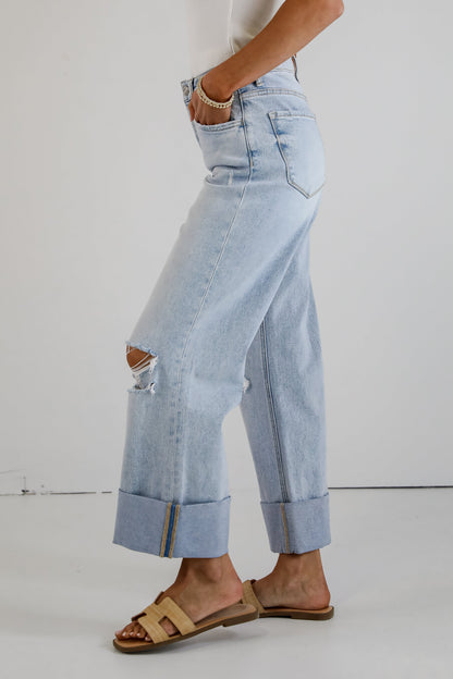 Demi Light Wash Super High-Rise Cuffed Baggy Wide Leg Jeans
